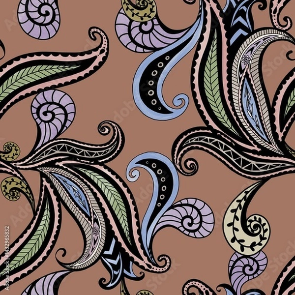Fototapeta Seamless abstract pattern with paisley on mocha mousse colour background.