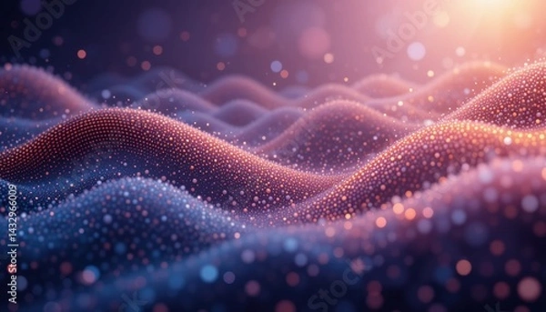 Fototapeta  An abstract digital wave of dots and lines with gradients and lighting effects creates a sense of movement and modernity, reminiscent of technological progress and cyberspace.
