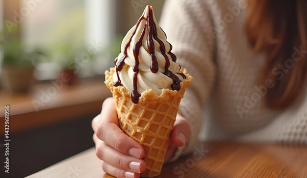 Obraz Indulgent Ice Cream Cone Topped with Rich Chocolate Drizzle and Colorful Sprinkles in a Rustic Setting