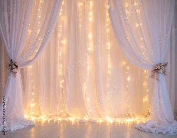 Obraz photography background with cream ivory curtains with fairy lights, backdrop for weddings, portraits, drapes texture 