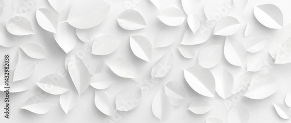 Fototapeta Abstract white background with layered leaves and petals creates serene and minimalist design. soft shadows add depth and texture, enhancing tranquil atmosphere