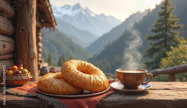 Obraz Tranquil Morning Bliss: Perfectly Brewed Coffee and Golden Croissants in Warm Sunlight