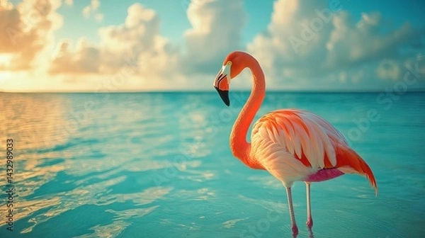 Fototapeta An elegant flamingo stands in tranquil waters, showcasing vibrant pink feathers against a serene sky, reflecting a peaceful sunset glow.