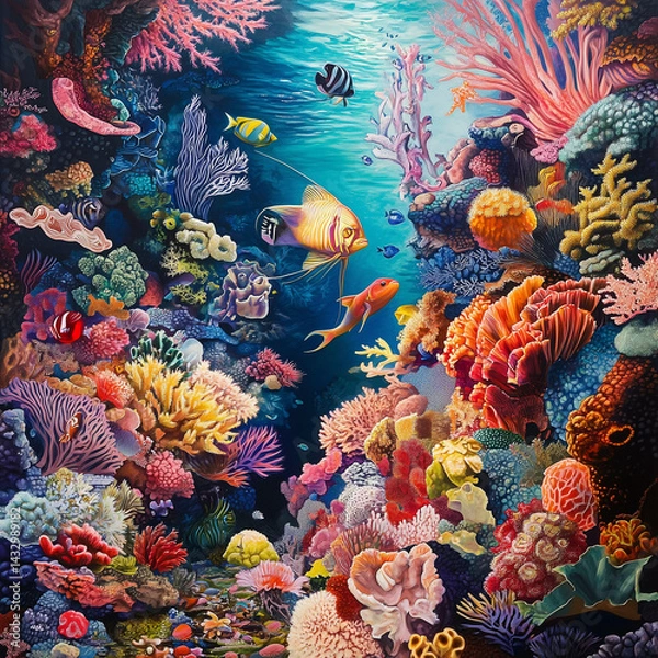 Obraz profound interdependence of piscine creatures upon resplendent coral formations, serving as both a sanctuary and a source of nourishment, epitomizes labyrinthine intricacies of delicate food chains,