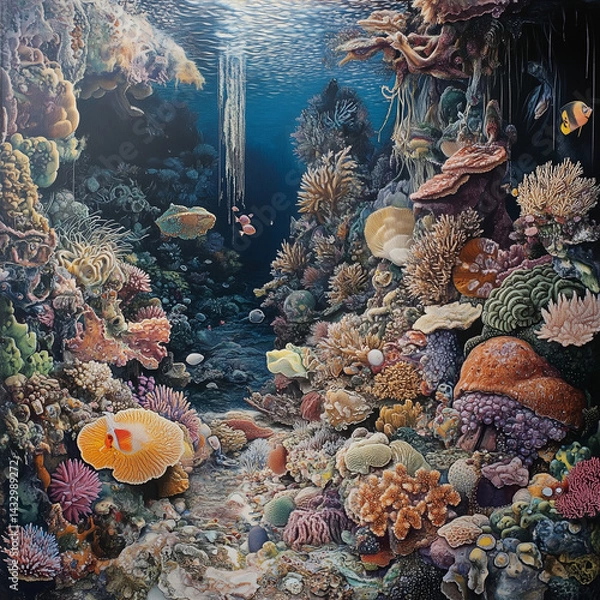 Obraz profound interdependence of piscine creatures upon resplendent coral formations, serving as both a sanctuary and a source of nourishment, epitomizes labyrinthine intricacies of delicate food chains,