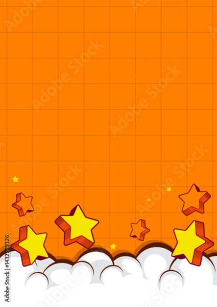 Obraz Orange comic cartoon background with clouds, stars, and lines, children education and ad template, fun text space design, cute and colorful vector illustration, not AI generated.