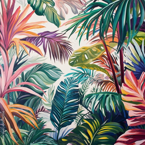 Obraz resplendent of plentiful tropical foliage, juxtaposed against a pristine canvas of pure white, showcases a kaleidoscope of vivid hues, intricate contours, and an exquisite array of leafy diversity 