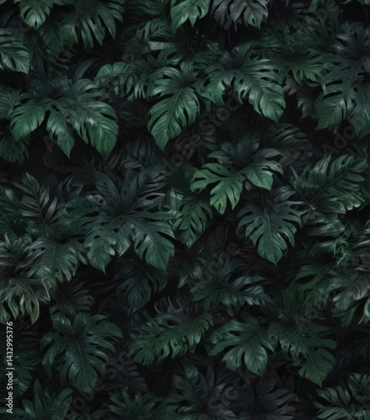 Fototapeta Intricate dark green & black tropical leaves, abstract pattern ,  moody,  illustration