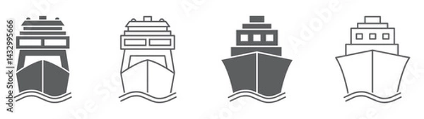 Fototapeta Set of ship icons. Ferry boat symbol, boat, ship front view. Cargo ship, cruise ship, marine sailboat transport, transport signs. Vector.