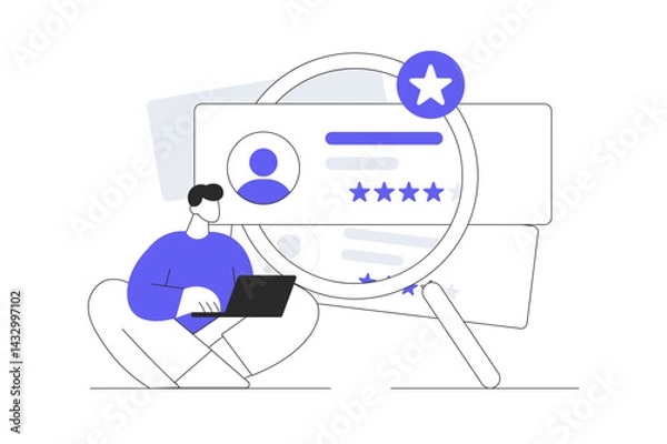 Fototapeta Man Character Choosing Best Candidate for Job. Recruitment Process. Human Resource Management Hiring Concept. Rating stars. Flat Cartoon Vector Illustration, icon. Stylish abstract design landing page