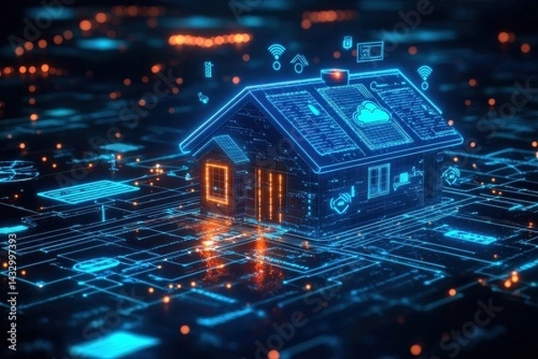 Fototapeta Digital futuristic concept of AI-driven smart home technology