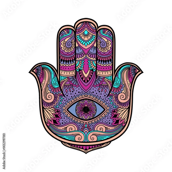 Obraz multicolored illustration of a hamsa hand symbol. Hand of Fatima religious sign with all seeing eye. Vintage boho style. Vector illustration in doodle zen tangle style