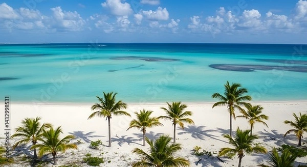 Fototapeta Aerial View of a Tropical Beach with Turquoise Water and Palm Trees