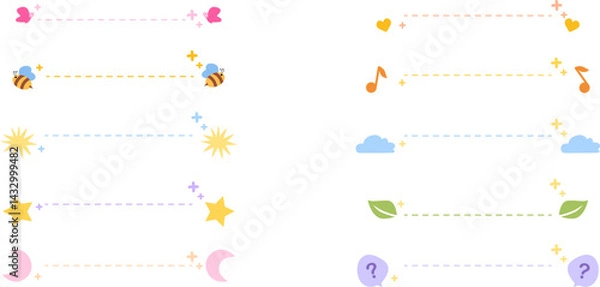 Fototapeta Set of 10 pastel-themed highlight dividers for social media, designed in a cute and minimalistic cartoon style. Each divider features dashed lines with small decorative icons at both ends, including