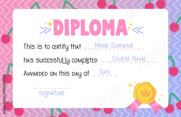 Fototapeta Cute and decorative kids diploma with a pink background and intricate patterns, designed for young achievers in school or kindergarten. Stock vector illustration in cartoon style.