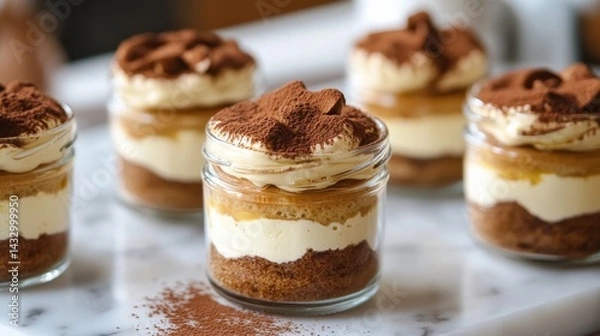 Fototapeta  Individual tiramisu parfaits in glasses, layered with cream, coffee-soaked ladyfingers, and cocoa powder.