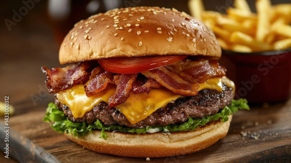 Fototapeta  A double cheeseburger with bacon, tomato, lettuce, and sauce, accompanied by french fries.