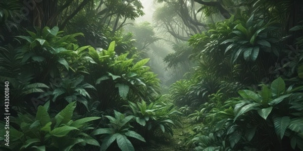 Fototapeta Intricate network of broad, emerald green leaves in a humid tropical forest ,  light,  texture,  environment