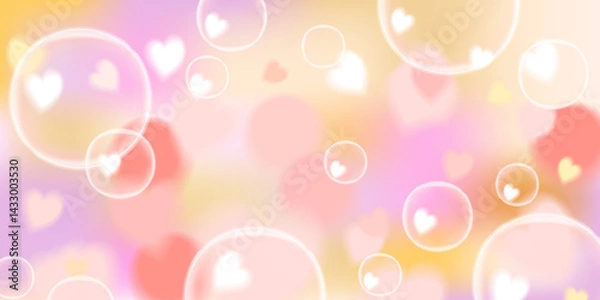 Fototapeta A soft beige and gold gradient background with glowing heart bubbles and a dreamy bokeh effect. This elegant and refined digital illustration is perfect for wedding invitations, luxury branding, love