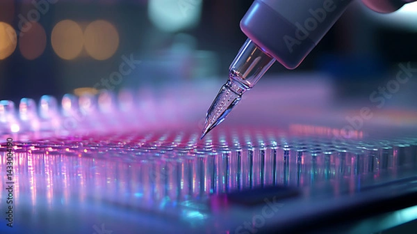 Fototapeta A robotic arm in a high tech AI powered gene editing lab, performing CRISPR-based genetic modifications, Bio-tech style