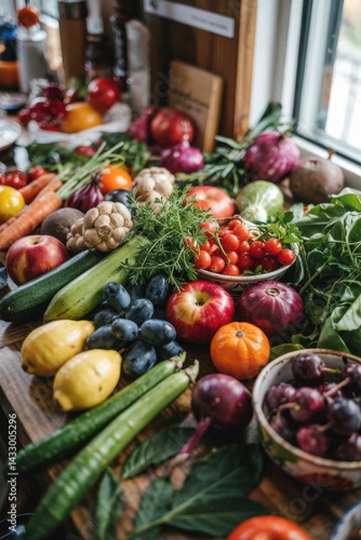 Fototapeta Colorful Assortment of Fresh Vegetables and Fruits Displayed on Rustic Wooden Countertop with Natural Light