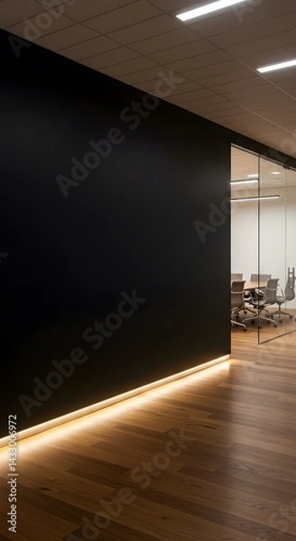 Fototapeta Modern black wall mockup in office with wooden floor and meeting room visible through glass wall on right side under ceiling lights at night. Generated AI
