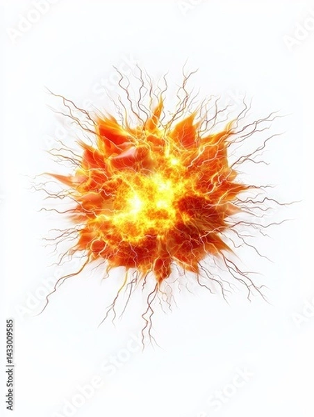 Fototapeta 3D render of a highly detailed, dynamic plasma burst, featuring intense heat distortion, with bright orange and yellow flames. The explosion showcases lightning arcs crackling through the blast,