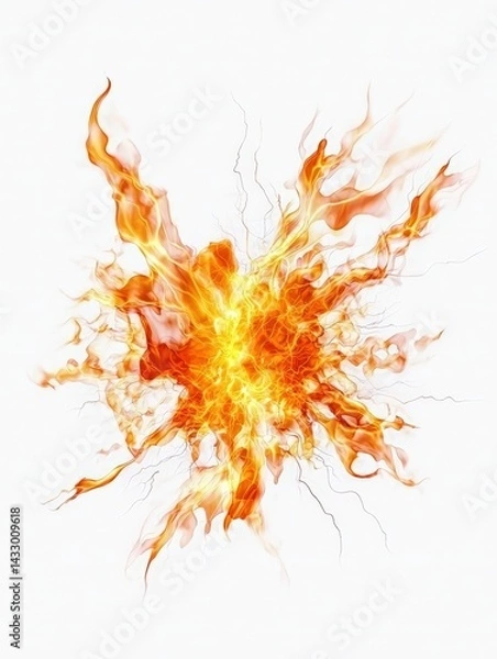 Fototapeta 3D render of a highly detailed, dynamic plasma burst, featuring intense heat distortion, with bright orange and yellow flames. The explosion showcases lightning arcs crackling through the blast,