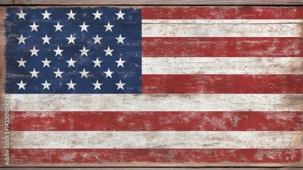 Obraz Vintage Distressed American Flag Painted on Rustic Wooden Planks in Patriotic Colors