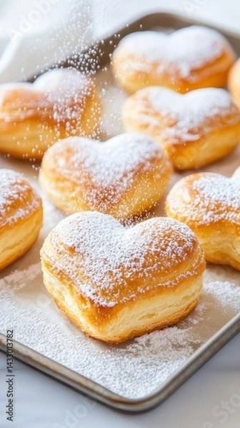 Obraz Heart Shaped Puff Pastries with Powdered Sugar on Tray for Valentine’s Day or Romantic Dessert