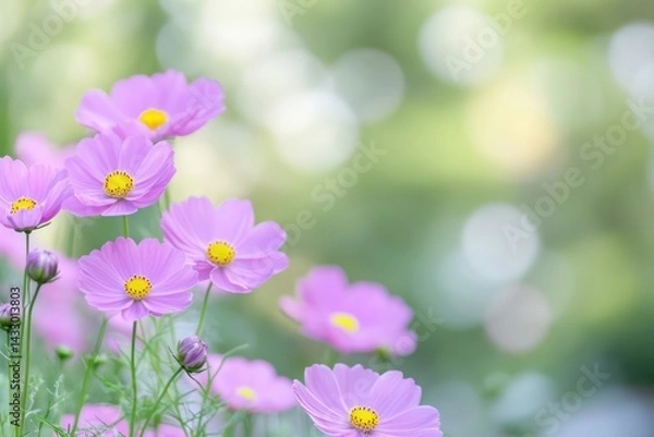 Obraz Blooming Pink Cosmos Flowers in Soft Focus Garden with Bright Natural Light and Bokeh Background