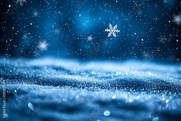Obraz Sparkling Glitter Snowflake on Shimmering Blue Background with Bokeh Holiday Lights