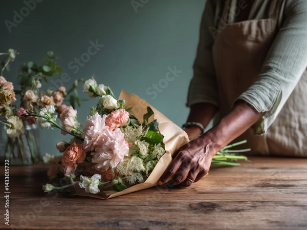 Fototapeta African American florist in process of creating a bouquet of flowers