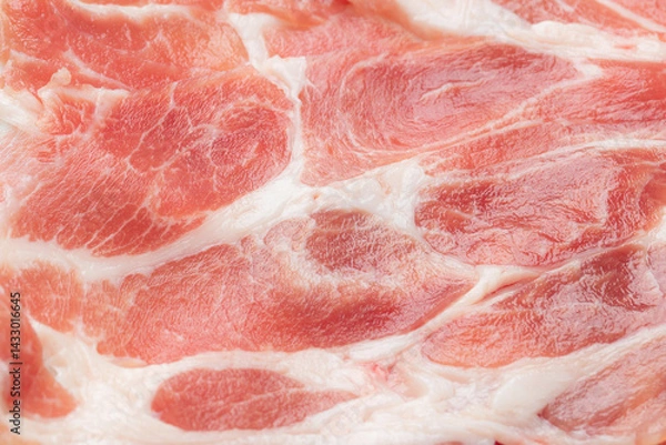 Fototapeta Texture of Sliced Raw Pork Collar For Background. Top view