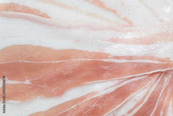 Fototapeta Texture of thin raw pork belly slices. Top view