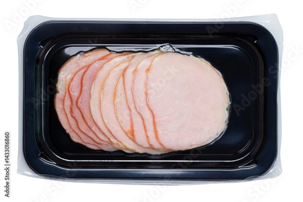 Fototapeta Top view of smoked pork loin ham slice in vacuum plastic packaging with black tray isolated on transparent background