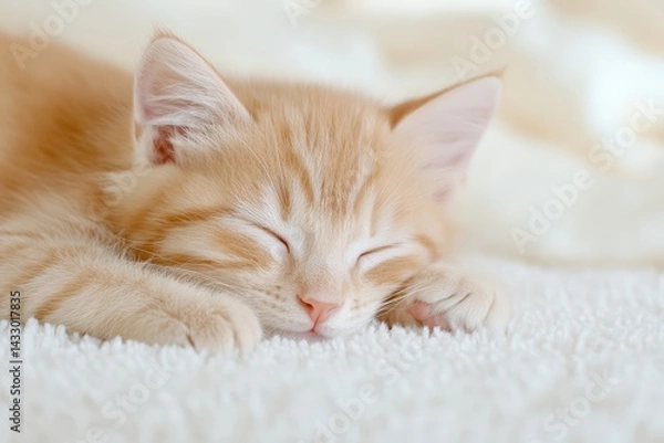 Obraz Adorable Fluffy Orange Kitten Sleeping Peacefully on Soft White Blanket in Warm Light