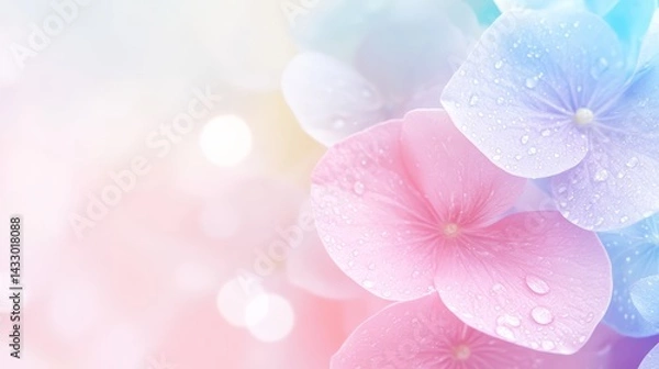Obraz Pastel Hydrangea Flowers with Dew Drops on Petals in Soft Focus Dreamy Floral Background