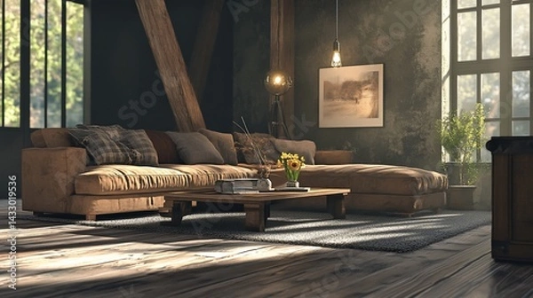 Fototapeta Cozy interior scene featuring a large couch, wooden beams and natural light