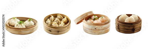 Obraz Set of Different Dim sum steamed Dumplings steamed and Xiao Long Bao for Chinese food traditional, isolated on transparent background.