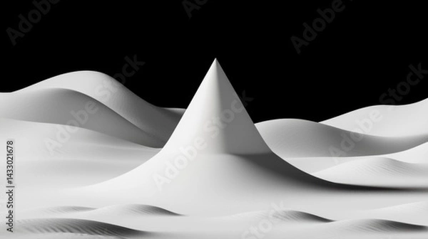 Fototapeta A 3D rendering of a white, abstract landscape with a central, pointed peak.