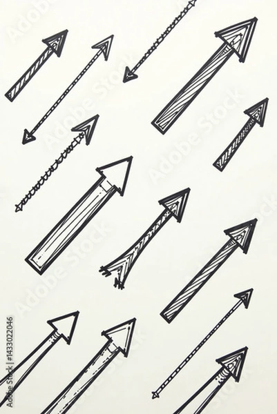 Fototapeta Hand-drawn upward arrows pattern in a sketchy style in black and white representing growth and direction [with copy space]