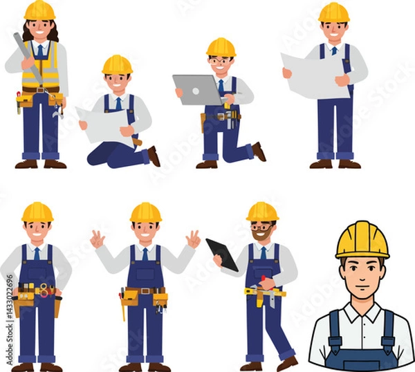 Fototapeta set of funny construction workers