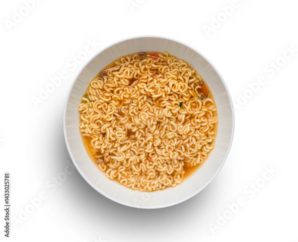 Fototapeta Instant noodle in a white bowl on white background, top view