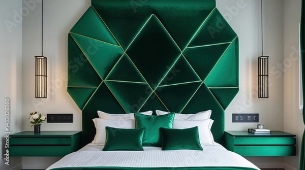 Fototapeta Emerald green bedroom interior with a stylish geometric headboard, matching bedside tables, and elegant lighting for a luxurious aesthetic.