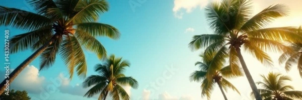 Fototapeta Palm trees sway gently in the tropical breeze, blue sky, idyllic