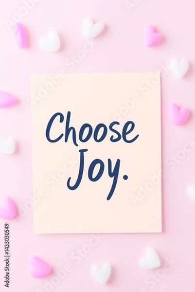 Fototapeta Bright Colorful “Choose Joy” Inspirational Quote Sign with Heart Confetti on Pink Background