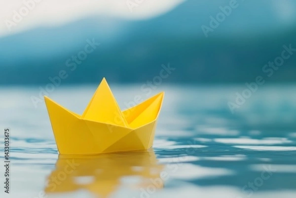 Fototapeta Bright Yellow Paper Boat Floating on Calm Water with Soft Focus Mountains in Background