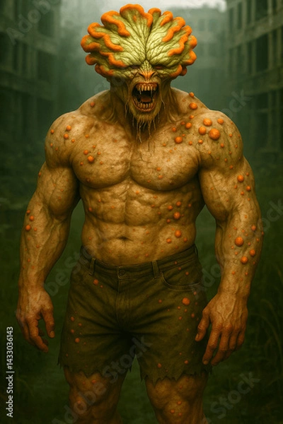 Fototapeta Man infected by fungus with a deformed head, destroyed city, apocalyptic setting