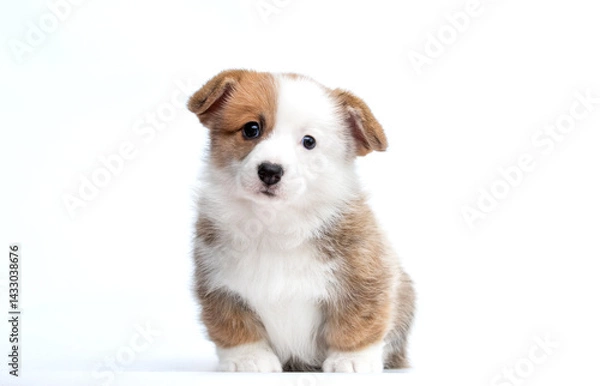 Obraz puppy sits and looks at the camera on a white background Welsh Corgi Pembroke breed